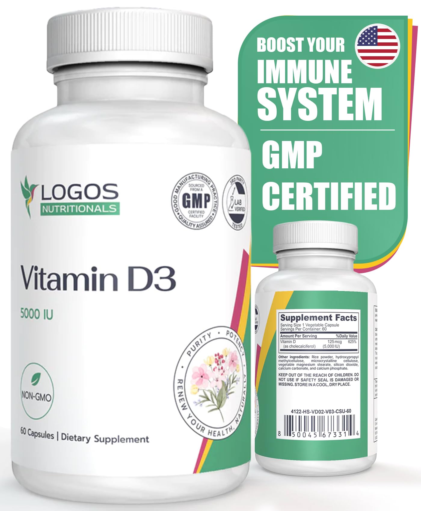 Logos Nutritionals Vitamin D3 Supplement - Vitamin D-5000 IU - Capsule, 90 Count