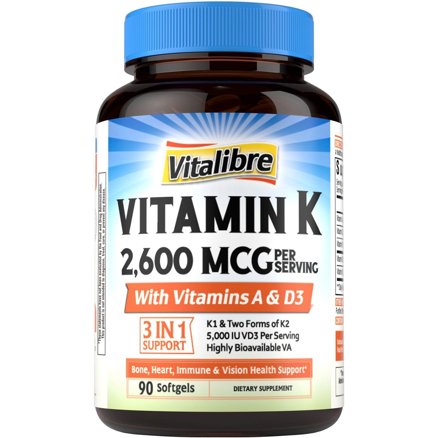Vitalibre Vitamin K Complex 2600 mcg with Vitamin A & D3 5000 IU Softgels 90 Count