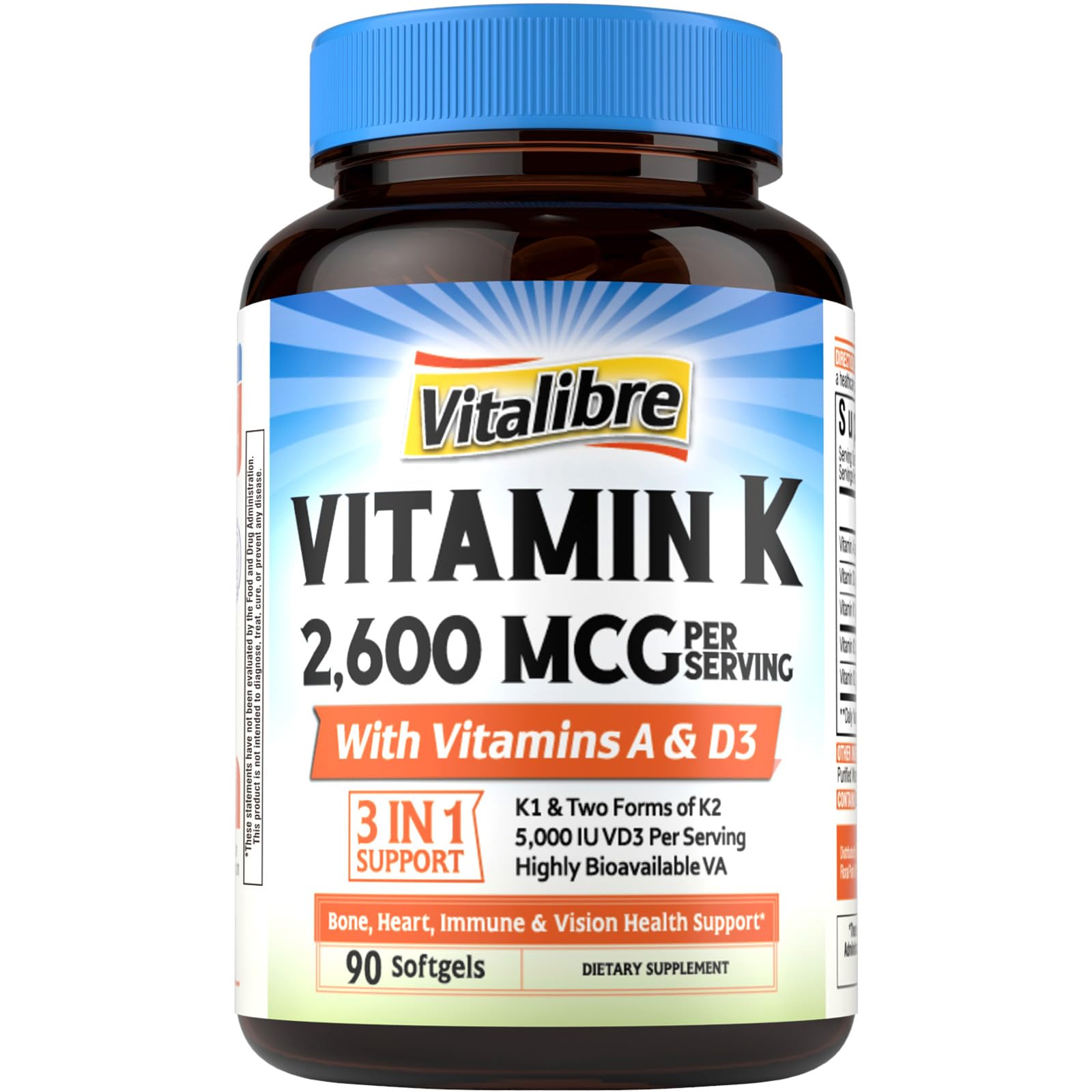 Vitalibre Vitamin K Complex 2600 mcg with Vitamin A & D3 5000 IU Softgels 90 Count