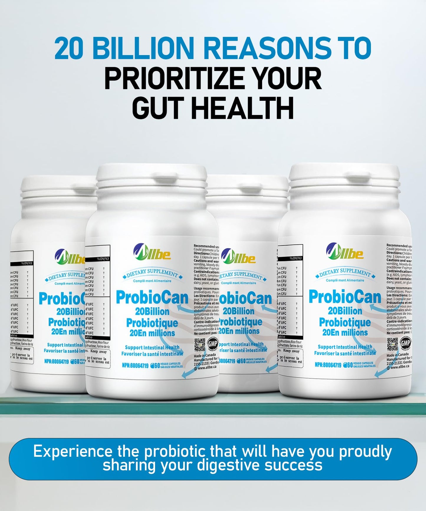 Allbe Probiocan 20 Billion CFU Probiotics for Digestive Health, 7 Strains for Women, 240 Capsules