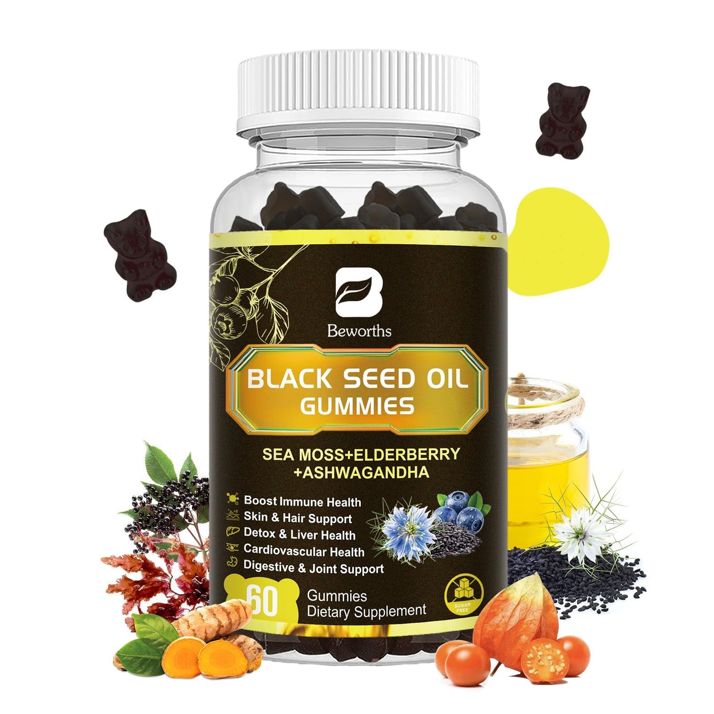 B BEWORTHS Black Seed Oil Gummies with Ashwagandha & Irish Sea Moss & Elderberry, 60 Gummies