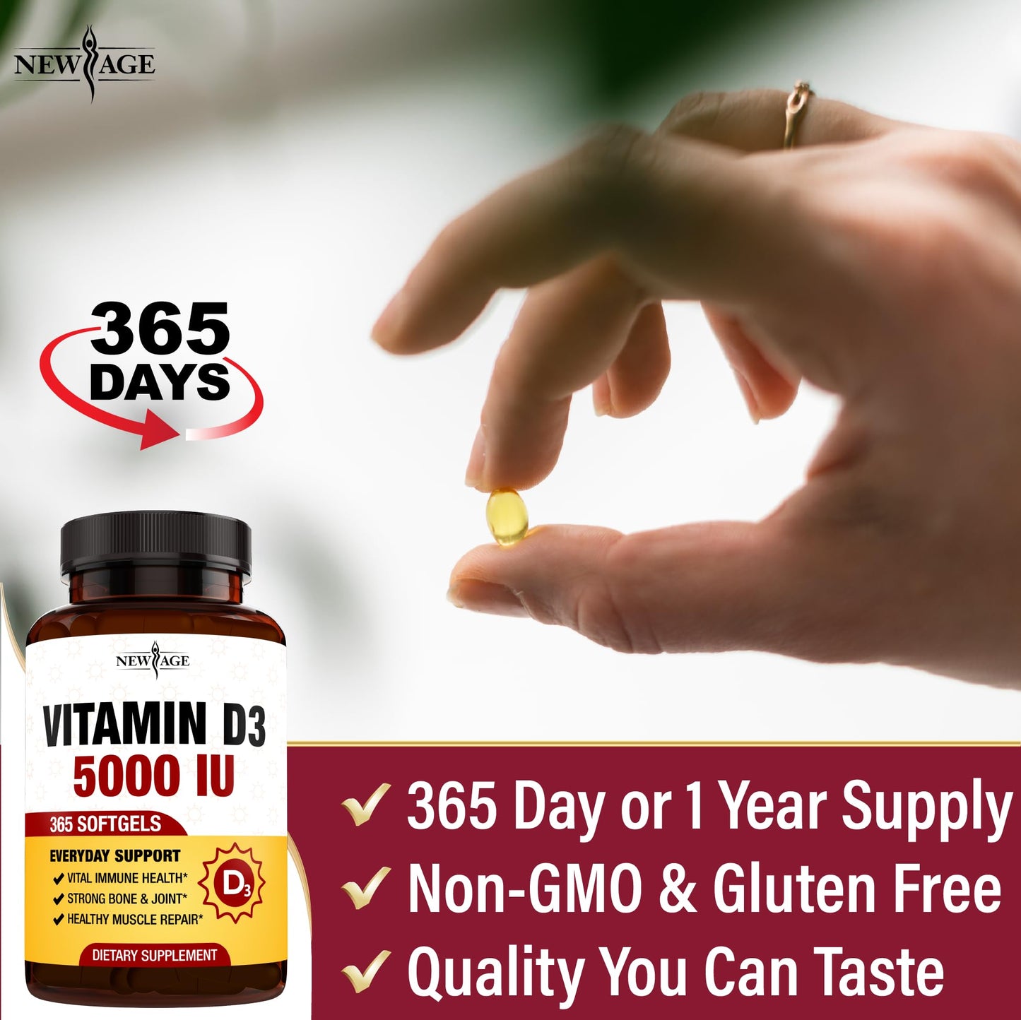 NEW AGE Vitamin D3 5000 IU 125mcg Softgel, 360 Softgels