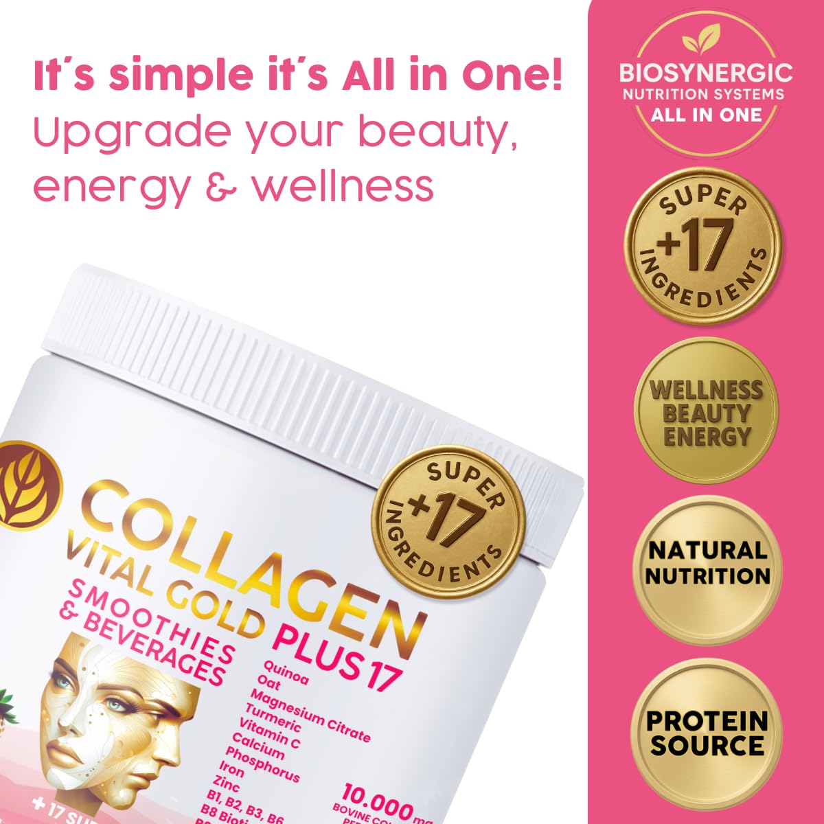 Gold Vital Life Collagen Peptides - Hydrolyzed Collagen with +17 Super Ingredients Powder, 26 Servings