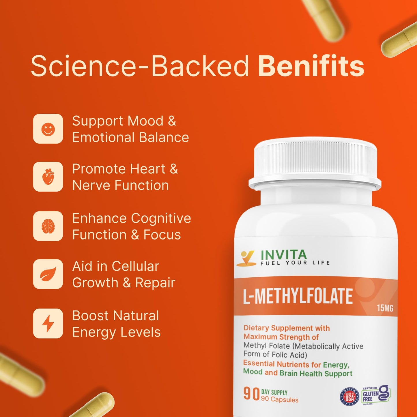 INVITA L-Methylfolate 15mg – Physician Formulated 5-MTHF Active Methyl Folate Capsule, 90 Count