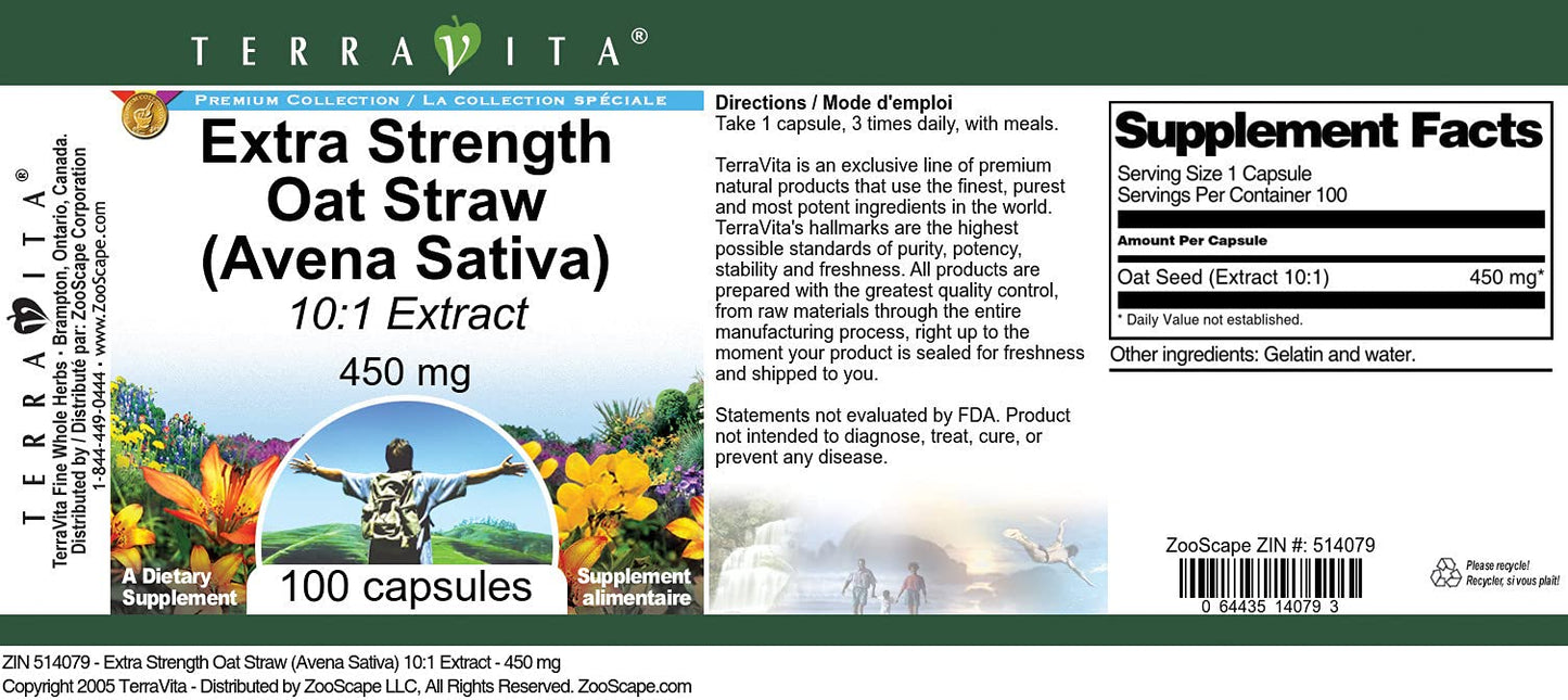 Terravita Extra Strength Oat Straw 10:1 Extract 450 mg Capsules, 100 Capsules