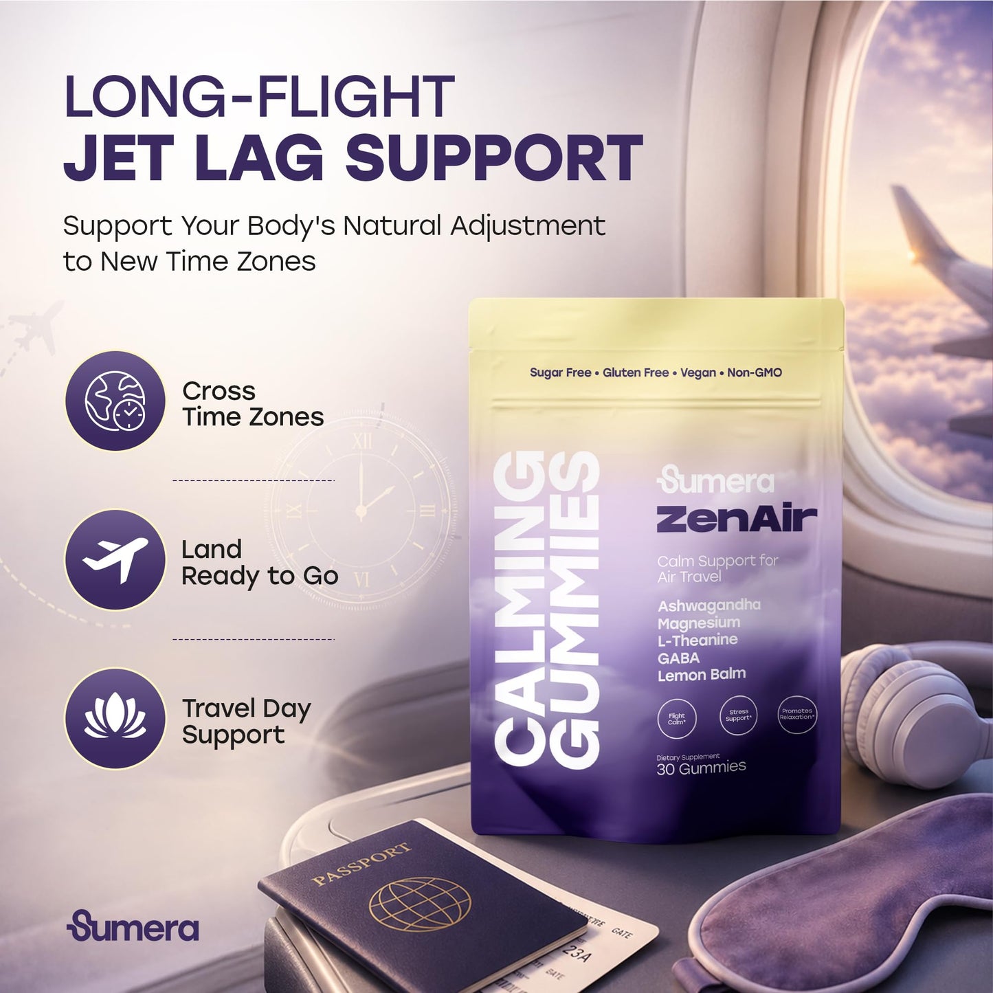 Sumera Calming Travel Gummies Jet Lag Relief, GABA, L-Theanine, Ashwagandha, Lemon Balm & Magnesium, Sugar Free, 30 Gummies
