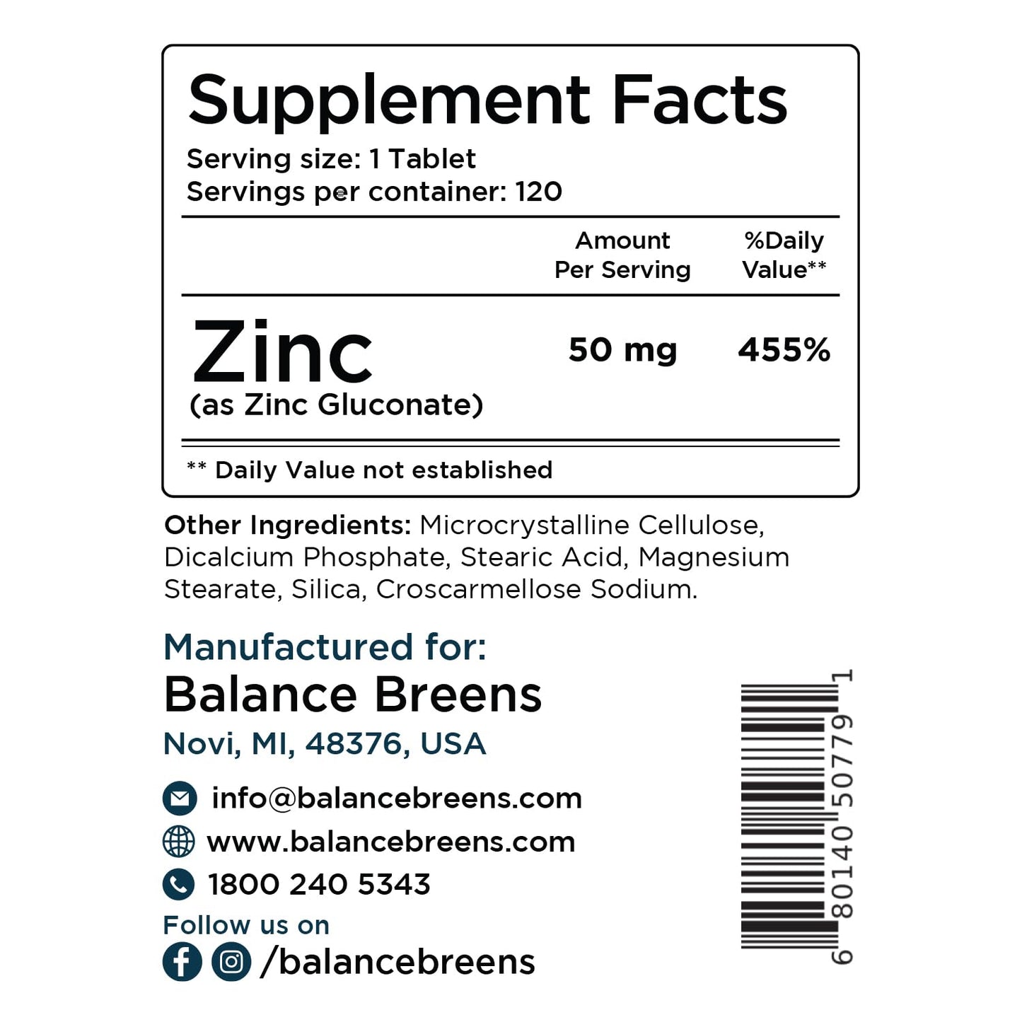 Balancebreens Zinc 50mg Tablets, 1440 Tablets