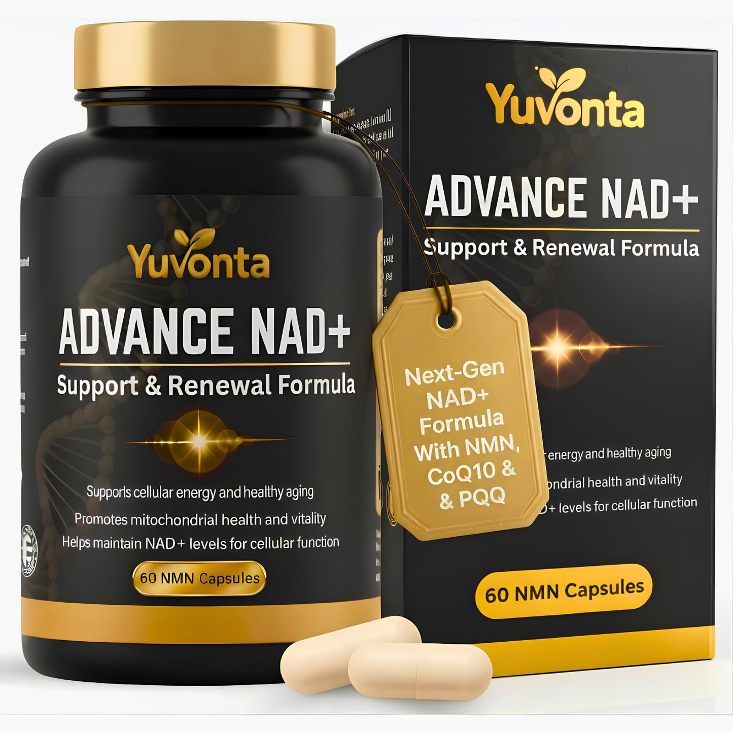 Yuvonta NMN 250mg NAD+ Supplement – Cellular Energy & Mitochondrial Support with CoQ10, PQQ & Rhodiola – Anti-Fatigue, Focus & Longevity Support, 60 Capsules