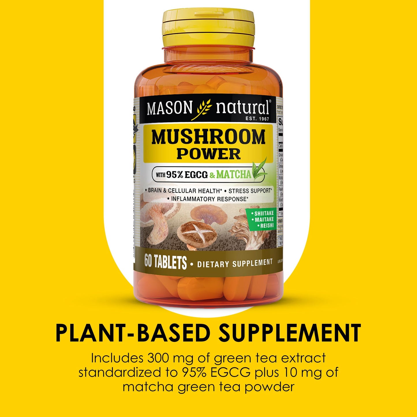 Mason Natural Mushroom Power with 95% EGCG and Matcha, Plant-Based Formula with Shiitake, Maitake, Reishi, 60 Tablets