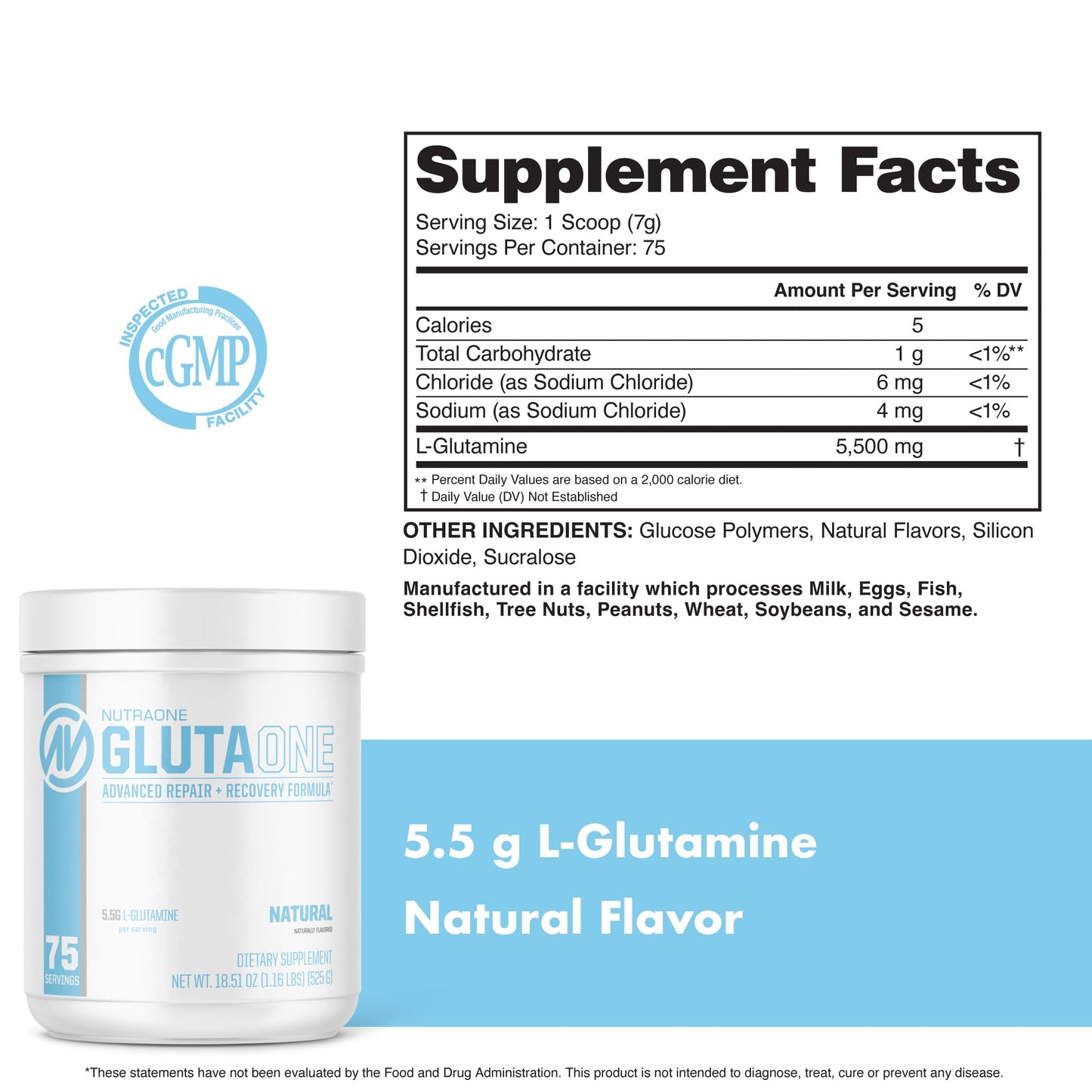 NutraOne GlutaOne L-Glutamine Powder, 75 Servings