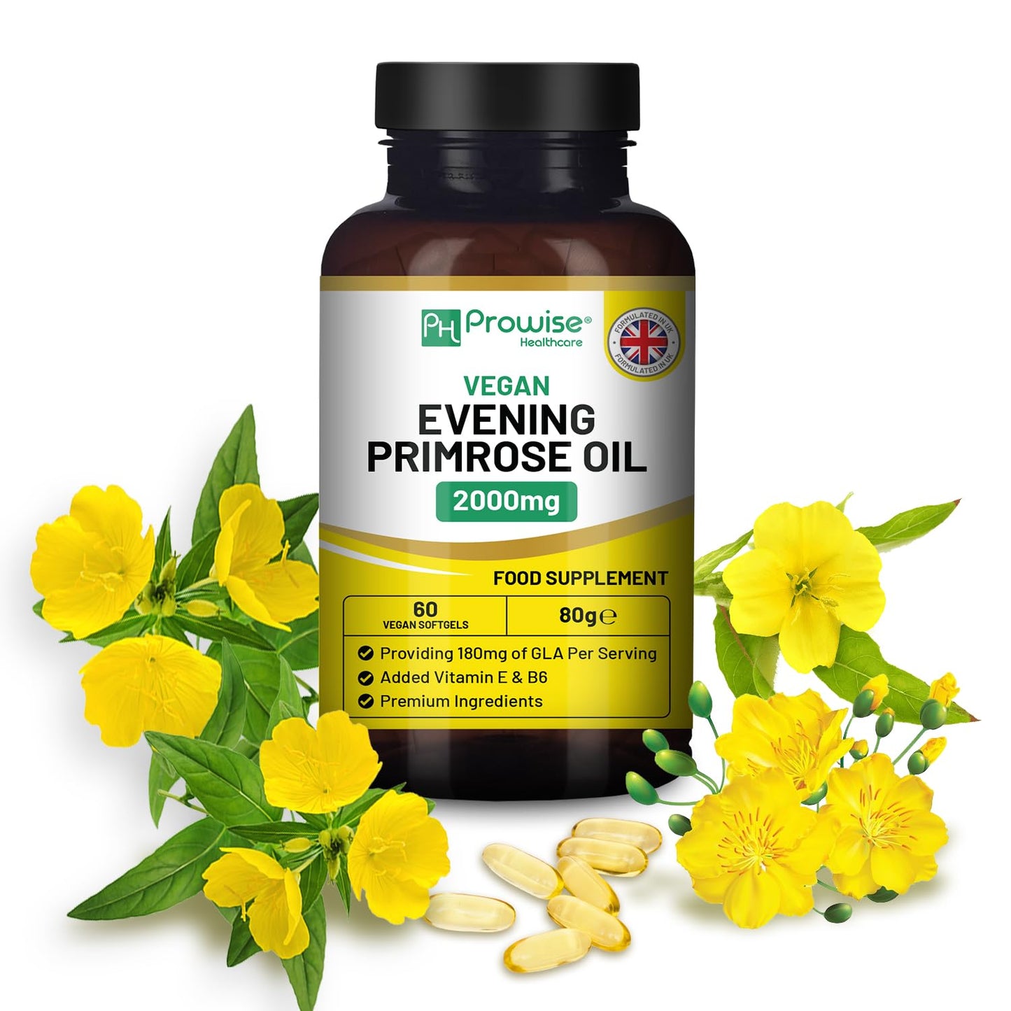 PH PROWISE Healthcare Vegan Evening Primrose Oil 2000mg with Vitamin E & B6 Softgels, 60 Count