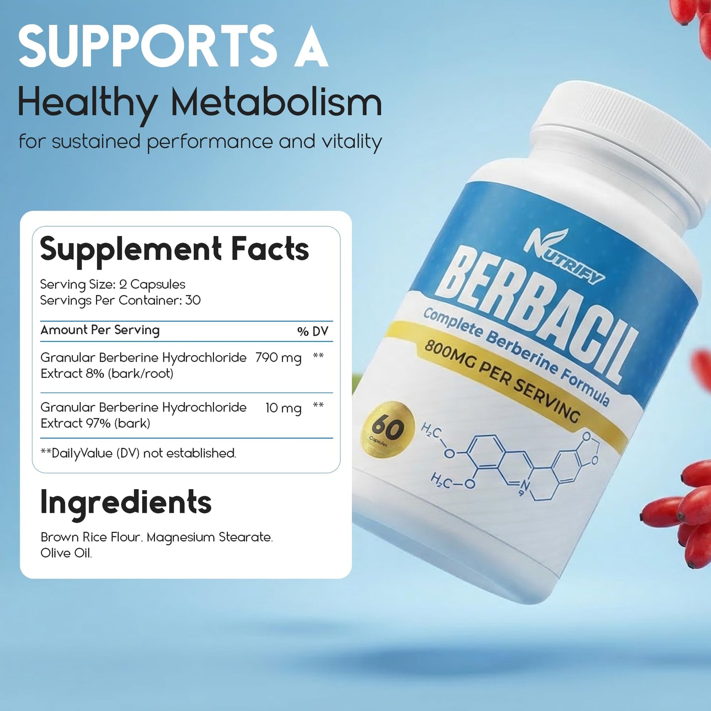 Generic Berbacil Berberine Supplement with Complete Berberine Formula Capsule, 62 Count