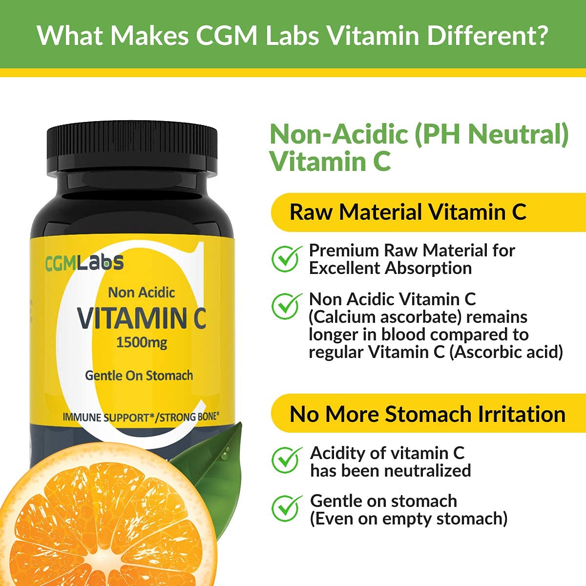 CGMLABS Non Acidic Vitamin C Dietary Supplement 1500mg with Calcium Capsules, 100 Count