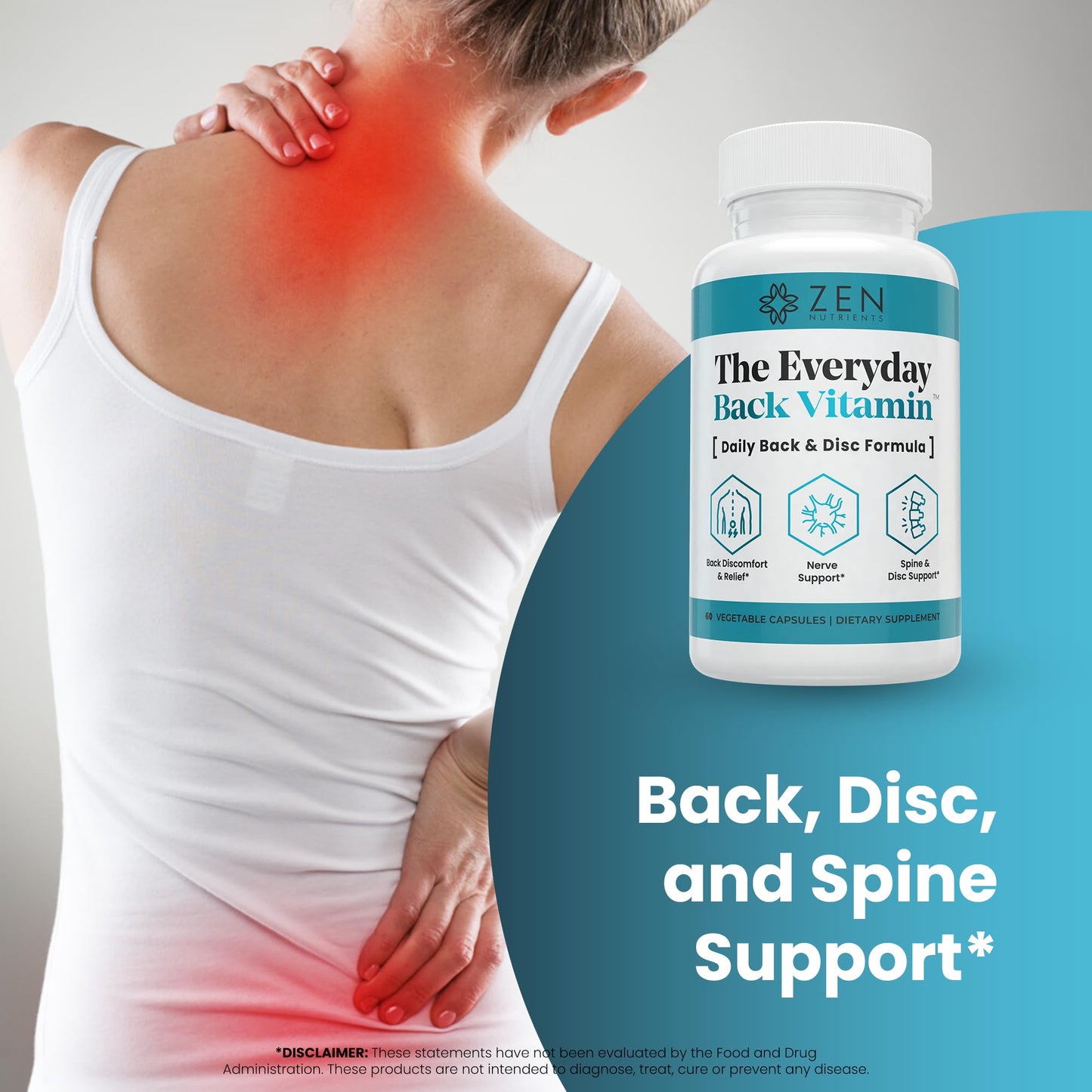 Zen Nutrients The Everyday Back Vitamin for Lower Back Relief & Nerve Function Support Supplement - Back, Disc and Nerve Relief with Alpha Lipoic Acid, Turmeric & Glucosamine, 60 Capsules