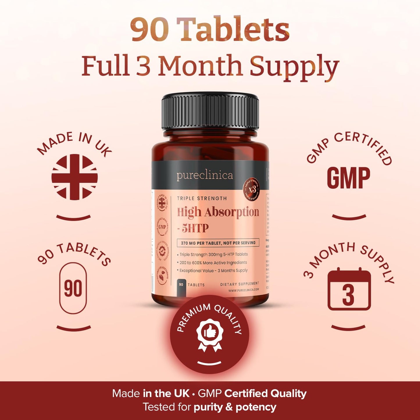 PureClinica High Strength 5-HTP 300mg Tablets, 180 Tablets, with Vitamin C, B6, and Black Pepper Extract
