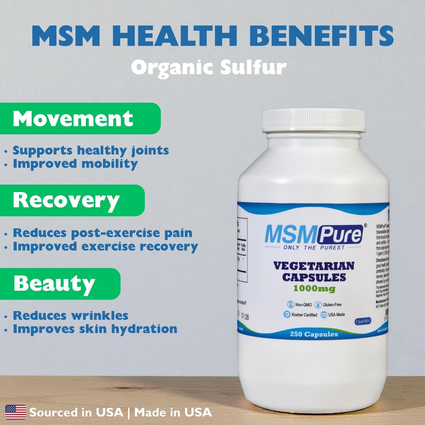 Kala Health MSMPure MSM Vegetarian Capsules – 1,000 mg US-Made MSM per Capsule – 250 Count