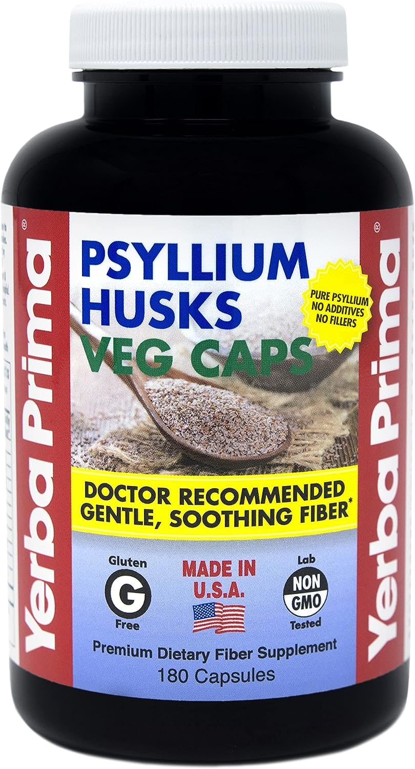 Yerba Prima Fiber Psyllium Husks Veg Capsules, 180 Count