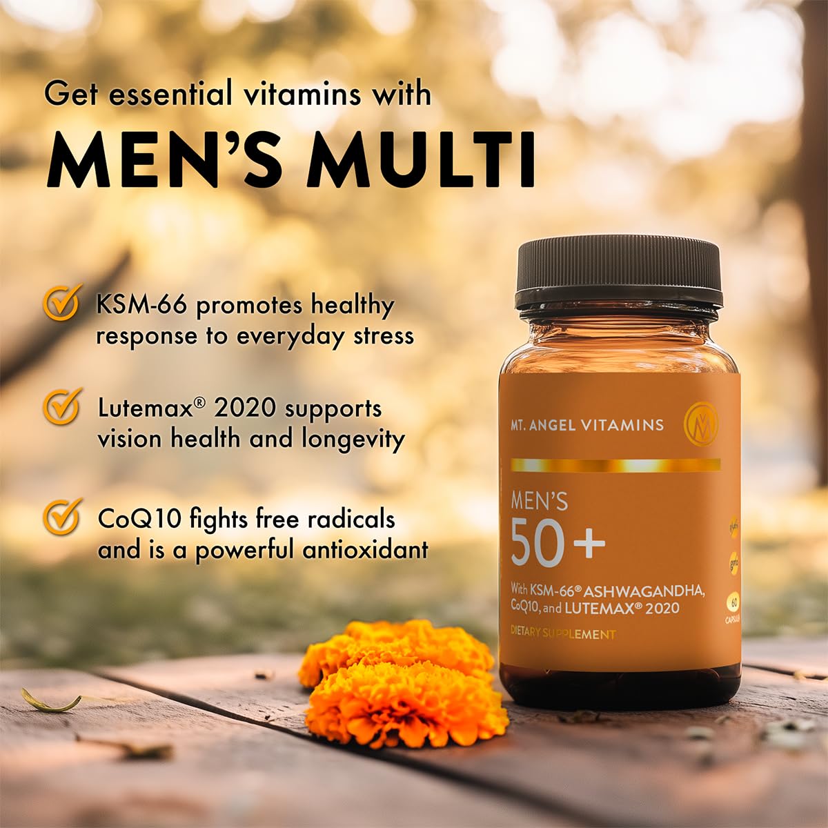 Mt. Angel Vitamins Daily Mens Multivitamin 50+ Adult Formula with Iron, Calcium, KSM-66 Ashwaganda, and a Potent Proprietary Herbal Blend of The Best Mens Vitamins Capsules 60 Count