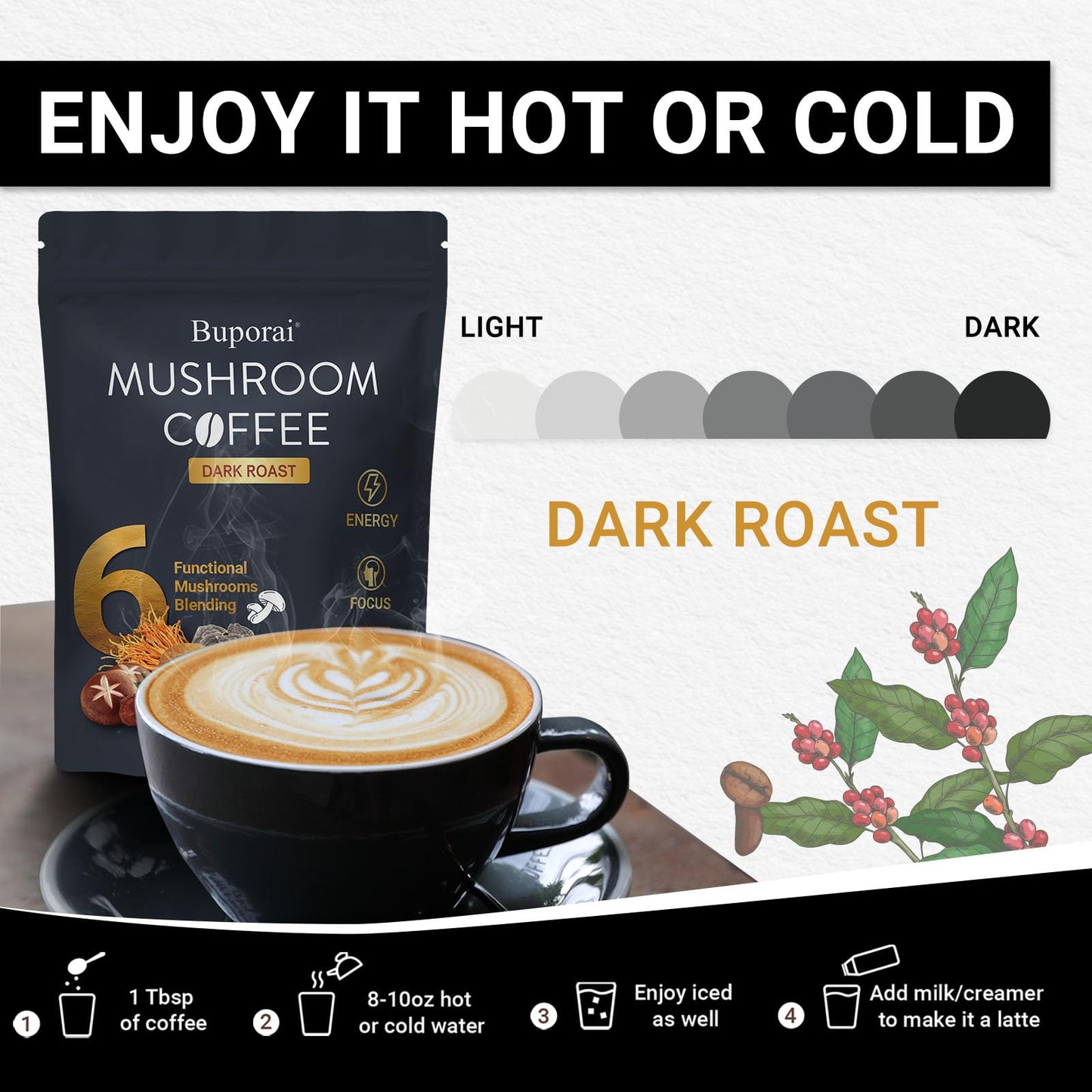Buporai Mushroom Coffee Dark Roast Powder 6.35 Ounce