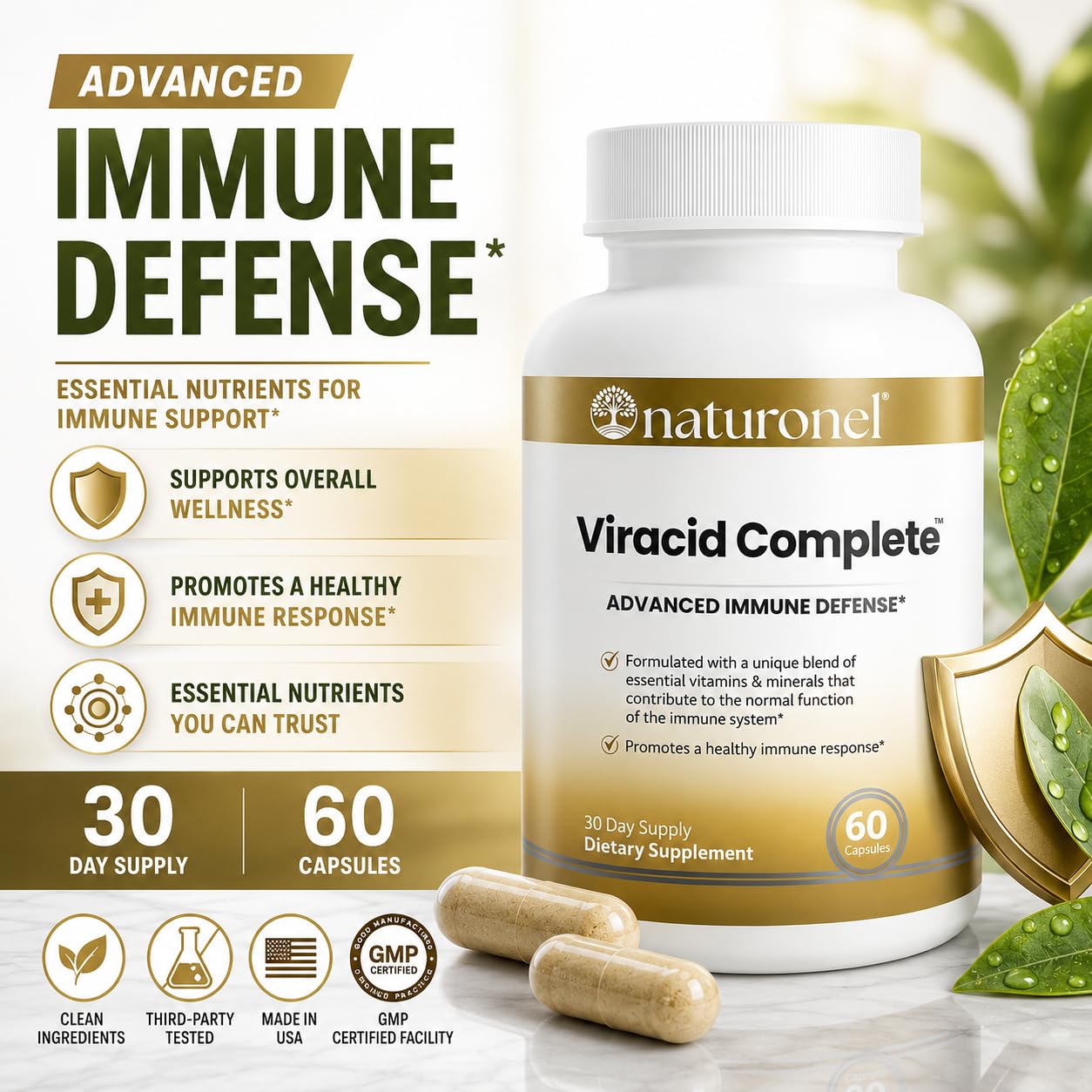 Naturonel Viracid Complete – Comprehensive Immune Formula with Elderberry, Echinacea, Garlic, Zinc, L-Glutamine & Turmeric 95% Curcuminoids Capsules, 60 Count