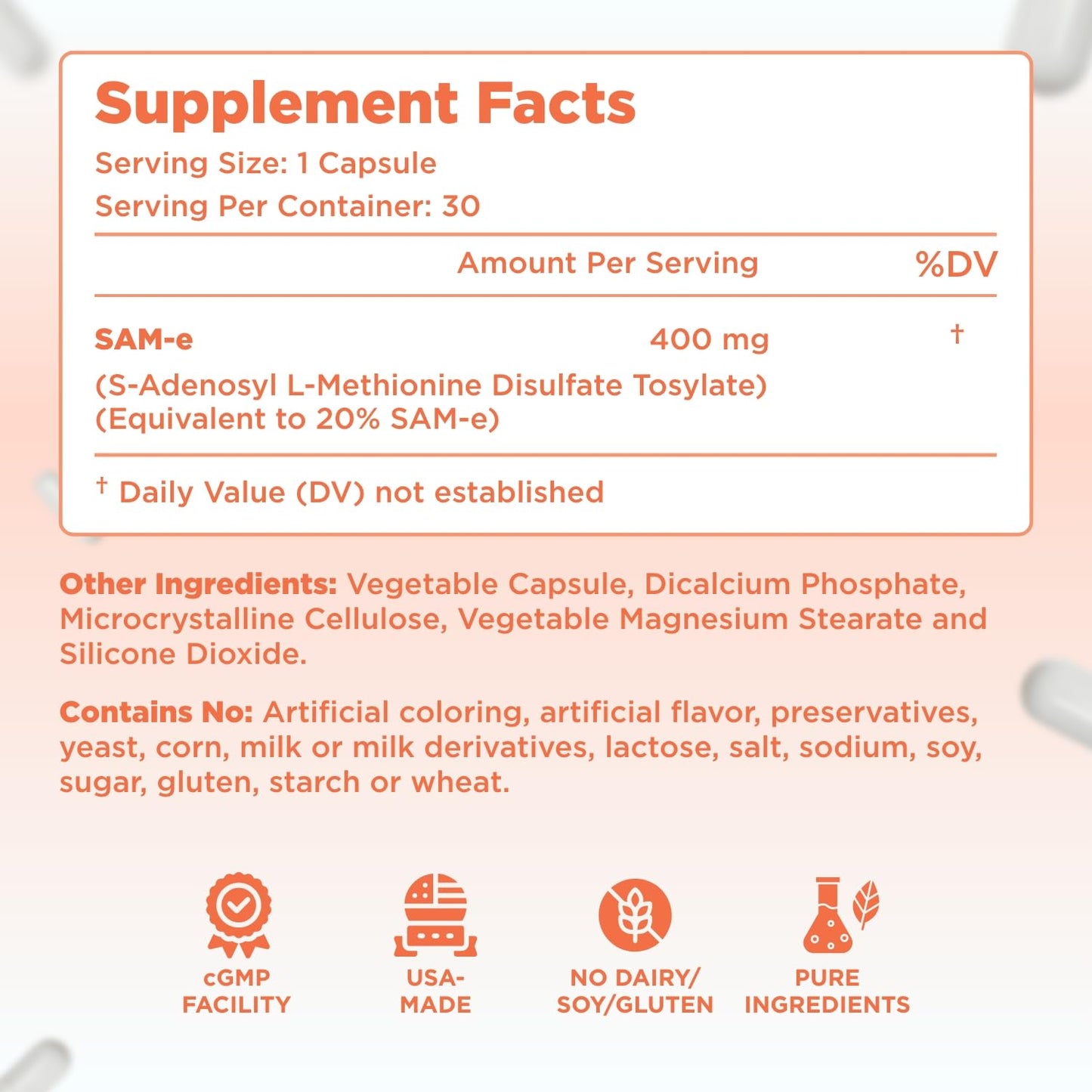 Clear Formulas Bioactive SAM-e 400mg - High Strength SAM-e Supplement with Biologically Active S,S Form for Liver and Mood Support - Vegan Non-GMO Preservative Free - Made in The US Capsule, 30 Count