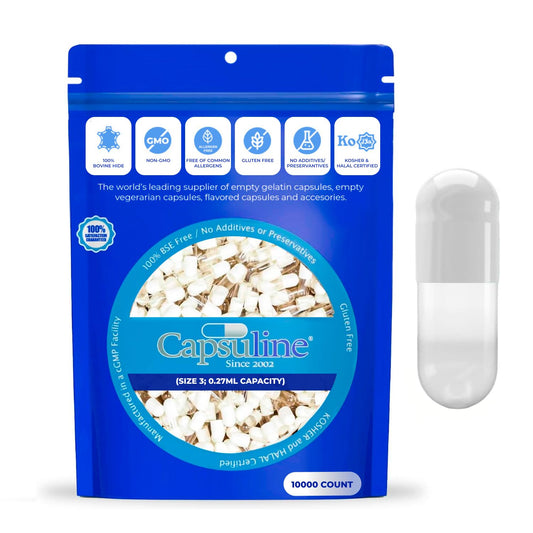 Capsuline Colored Size 3 Empty Gelatin Capsules White/Clear Capsule, 10,000 Count