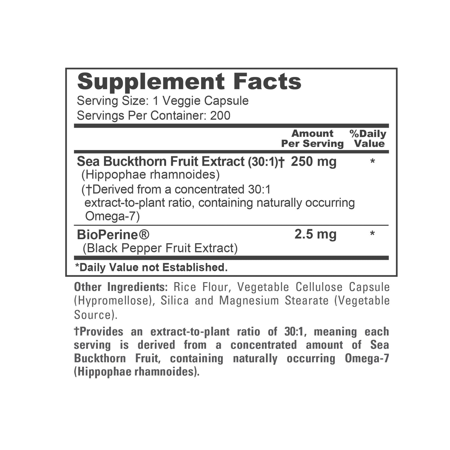 NusaPure Sea Buckthorn Omega-7 250 mg Veg Capsules, 200 Count