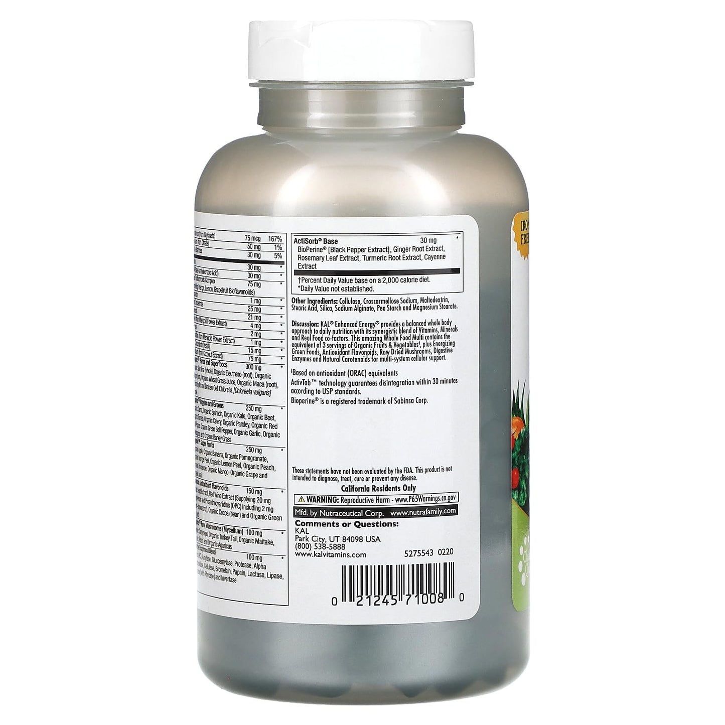 KAL Enhanced Energy Iron Free Multivitamin Vegetarian Tablets 180 Tablets