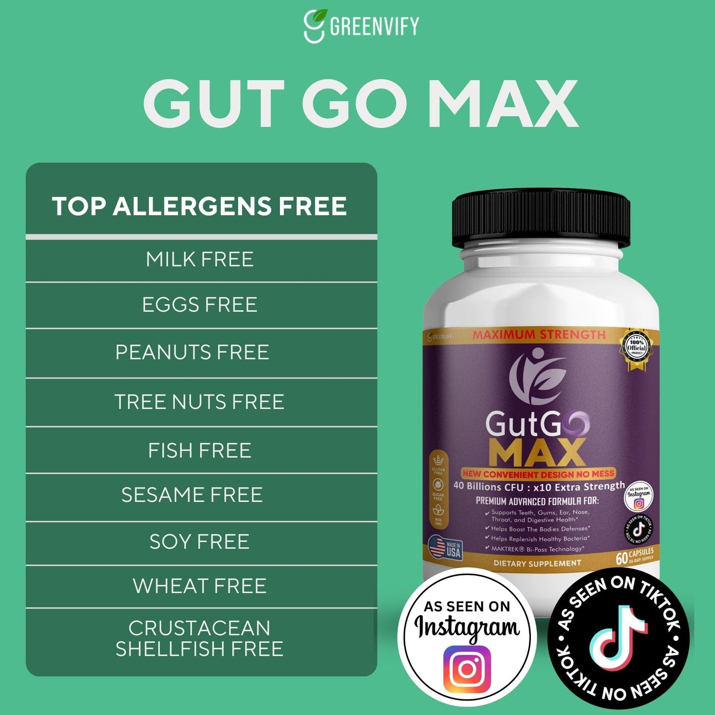 GREENVIFY GutGo Max Probiotic Supplement Capsule, 60 Capsules, 40 Billion CFU, Maximum Strength, Gluten Free, Sugar Free