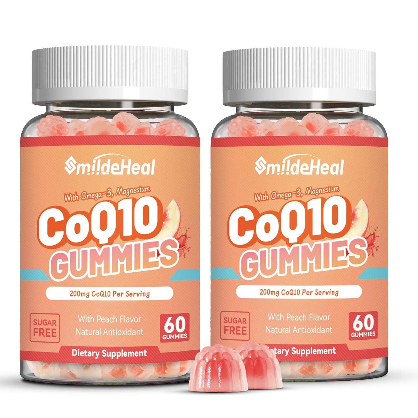 SmildeHeal CoQ10 Gummies 200 mg with Omega-3, EPA + DHA & Magnesium - Coenzyme Q10 Supplements for Heart Health, Cellular Energy & Antioxidant, Vegan, 120 Counts