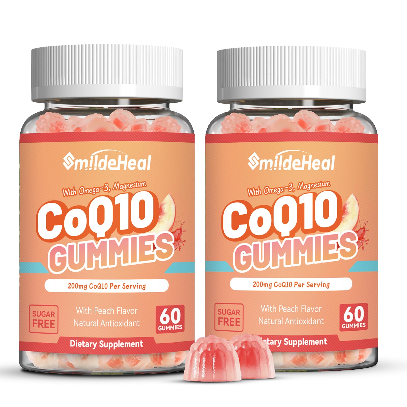 SmildeHeal CoQ10 Gummies 200 mg with Omega-3, EPA + DHA & Magnesium - Coenzyme Q10 Supplements for Heart Health, Cellular Energy & Antioxidant, Vegan, 120 Counts