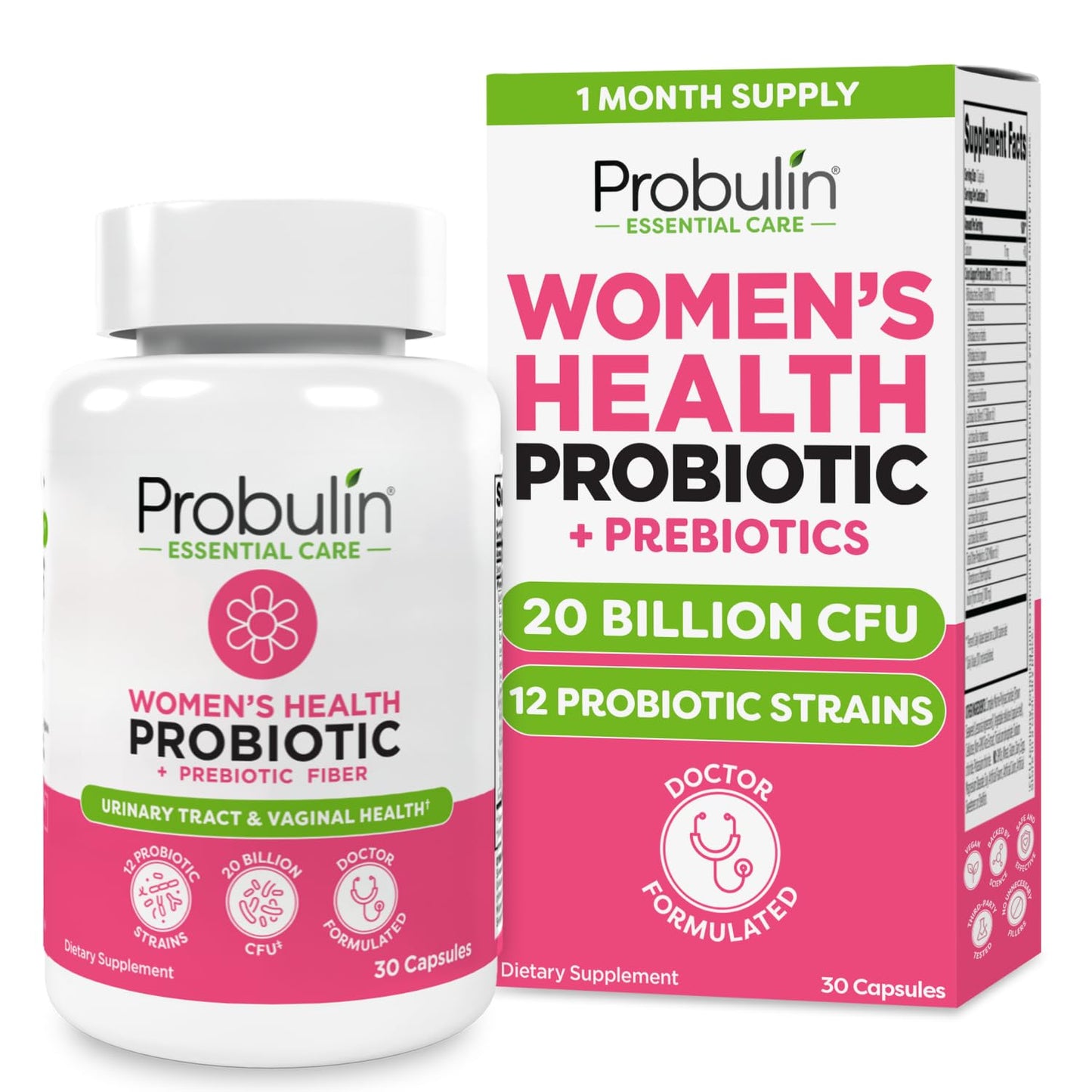 Probulin Women's Probiotic Vaginal, UT, Gut & Immune Health with Lactobacillus Reuteri - 20 Billion CFU, 12 Probiotic Strains & Prebiotics Capsules, 30 Count