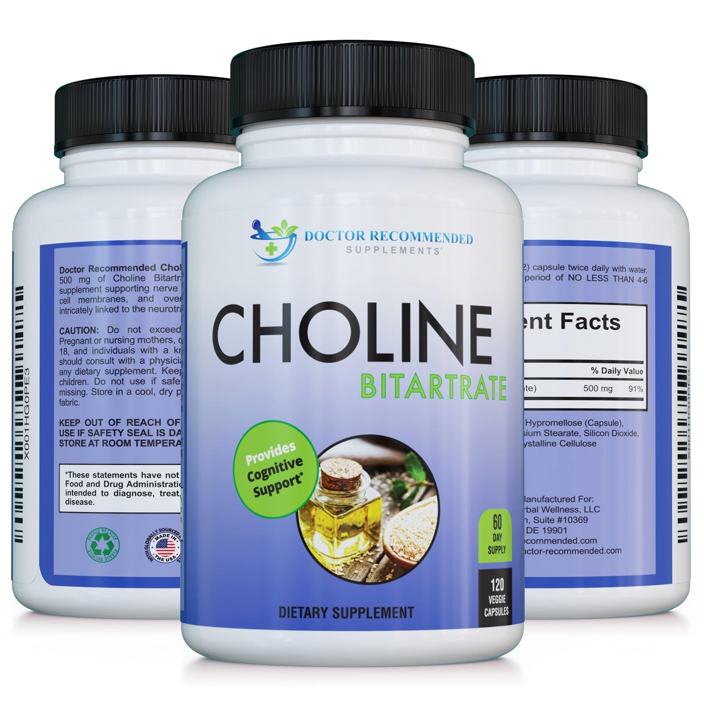 DOCTOR RECOMMENDED SUPPLEMENTS Premium Choline 500 mg Capsules, 120 Count