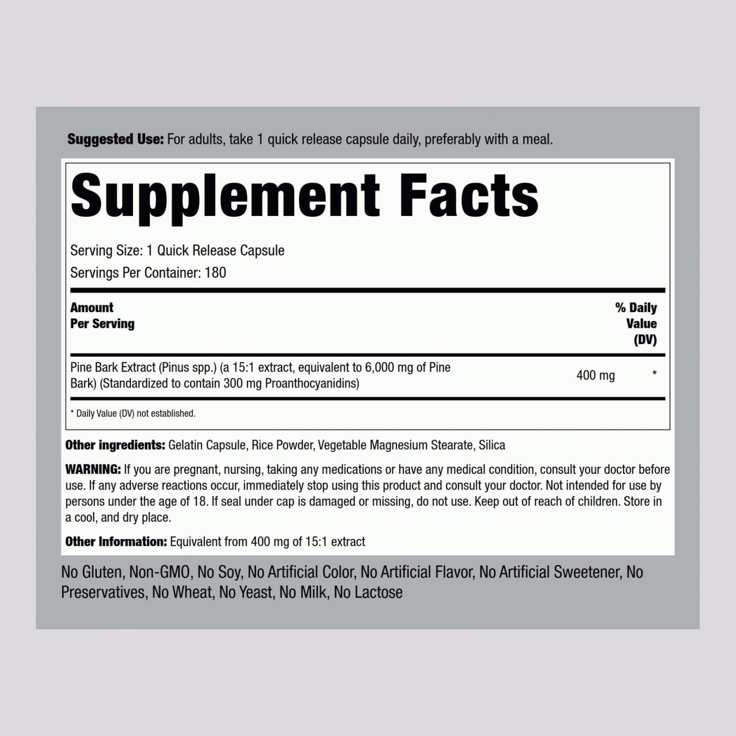 Piping Rock Pine Bark Extract Capsules 180 Count