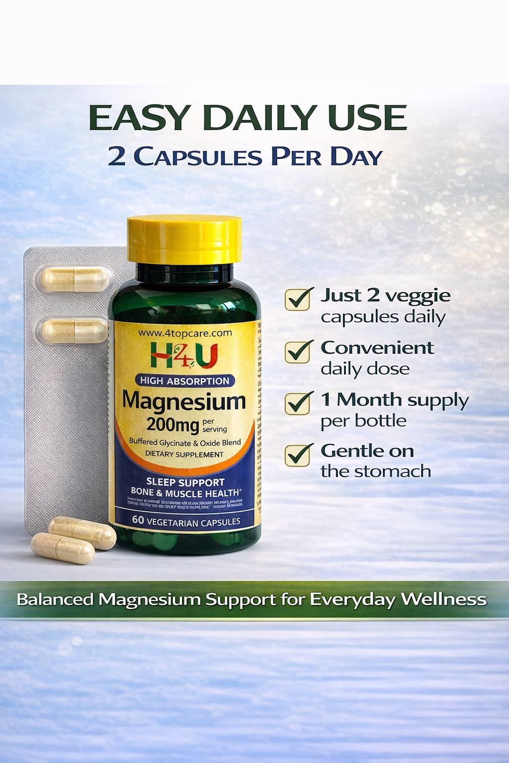 H4U Magnesium Complex 200mg Capsules, 60 Count