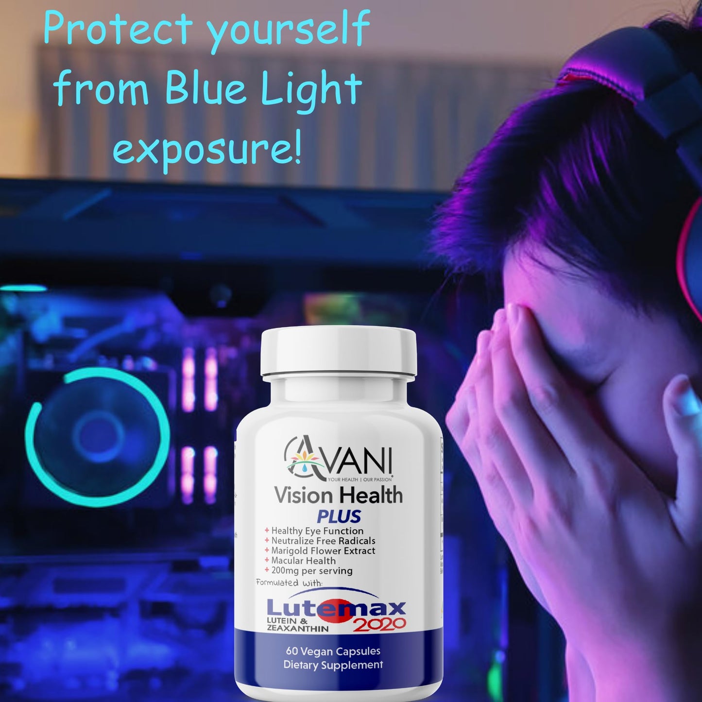 Avani Health Vision Health Plus Eye Health Made with Lutemax 2020 20mg Lutein 4mg Zeaxanthin 60 Capsules