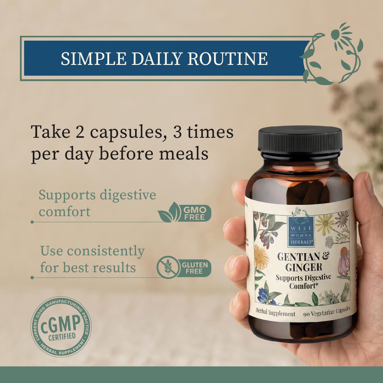 Wise Woman Herbals Gentian & Ginger Capsules, 90 Veg Caps