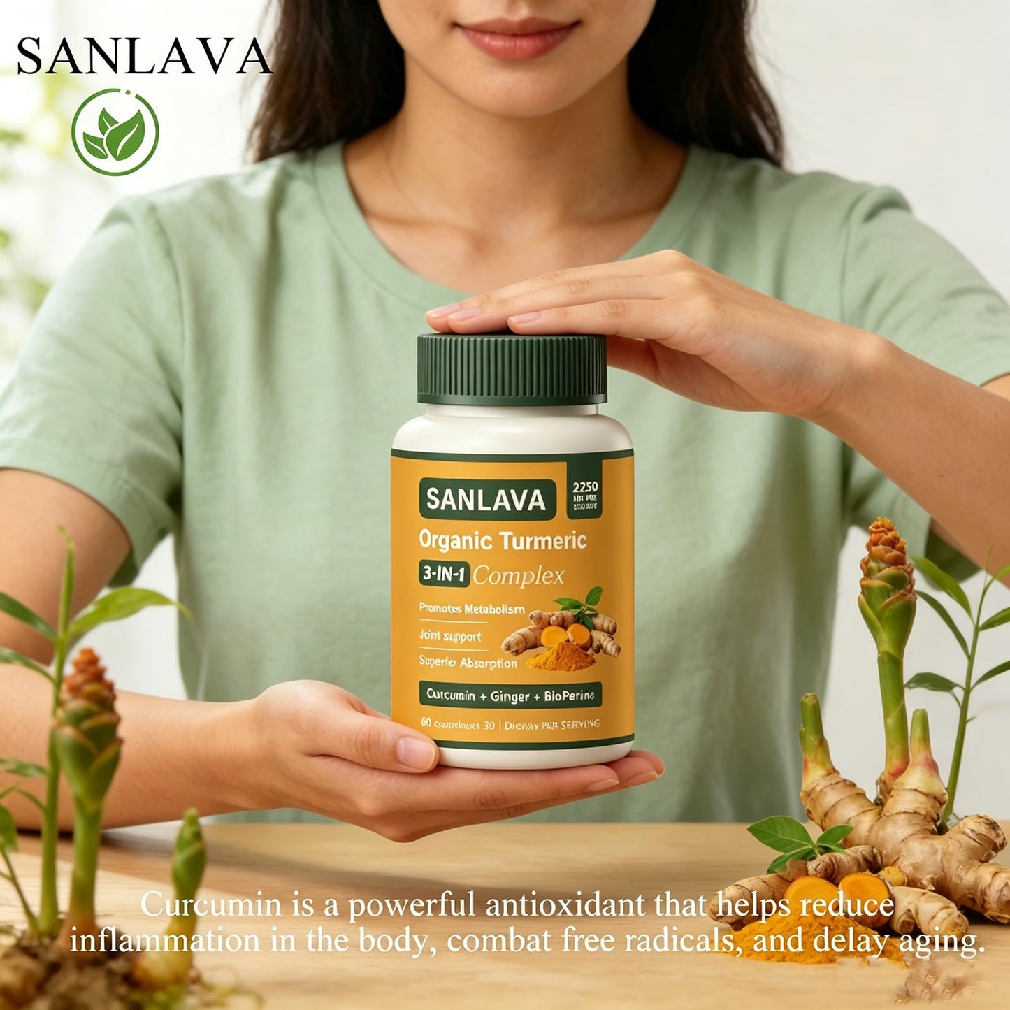 Sanlava Organic Turmeric 3-in-1 Complex Supplement 2250mg, Vegan, 60 Capsules