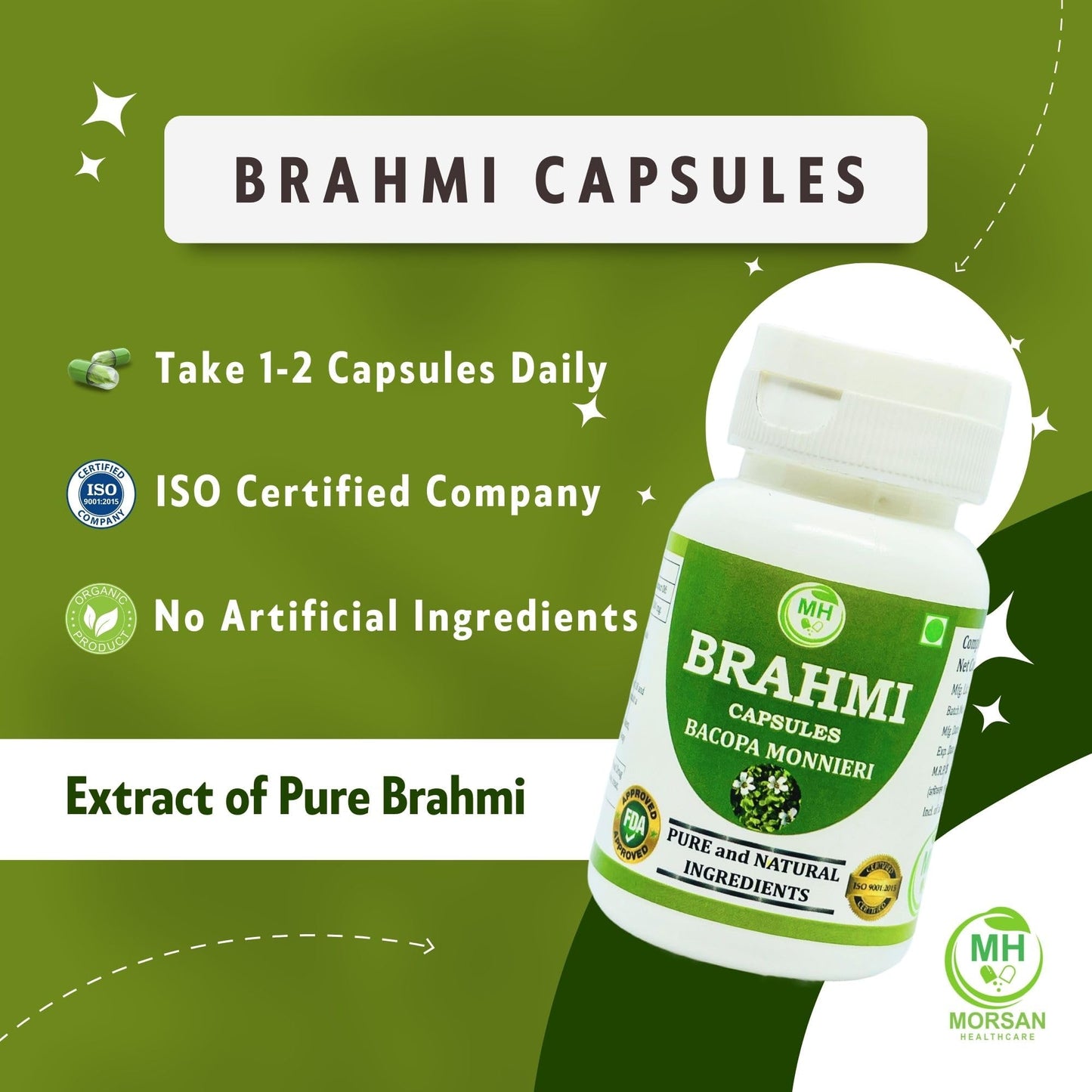 Morsan Healthcare Brahmi (Bacopa Monnieri) Vegetarian Capsules, 500mg Each, Non-GMO, Vegan, Gluten-Free, 120 Capsules
