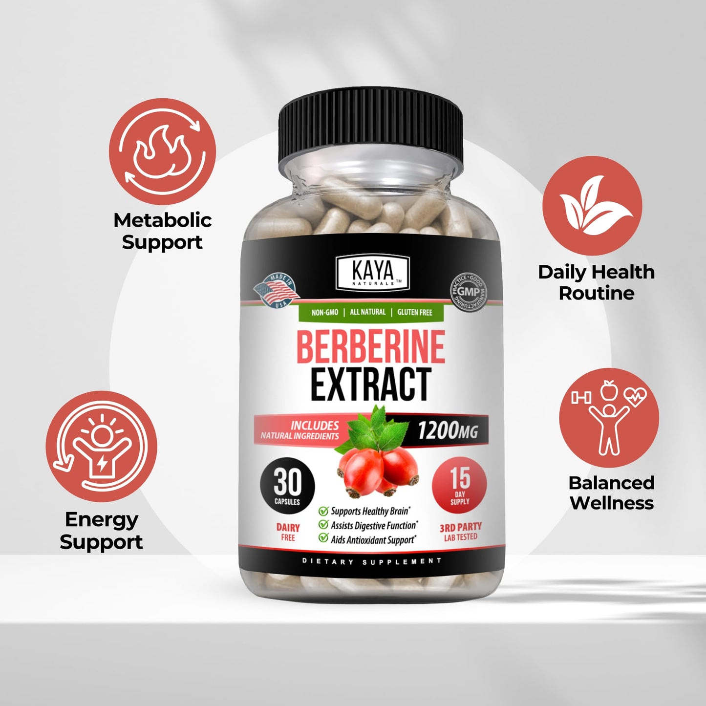 Kaya Naturals Berberine HCL Extract 1200mg Capsule, 30 Count