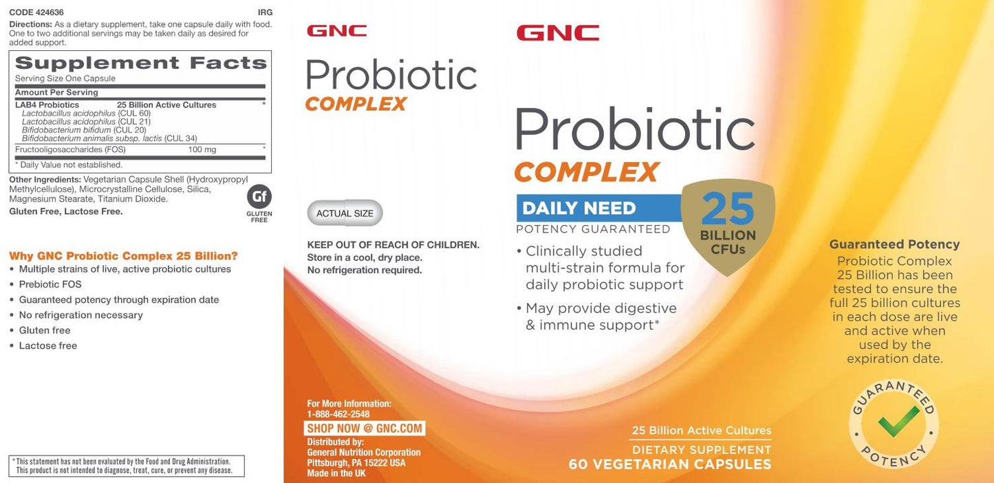 GNC Probiotic Complex Daily Need with 25 Billion CFUs, 60 Capsules