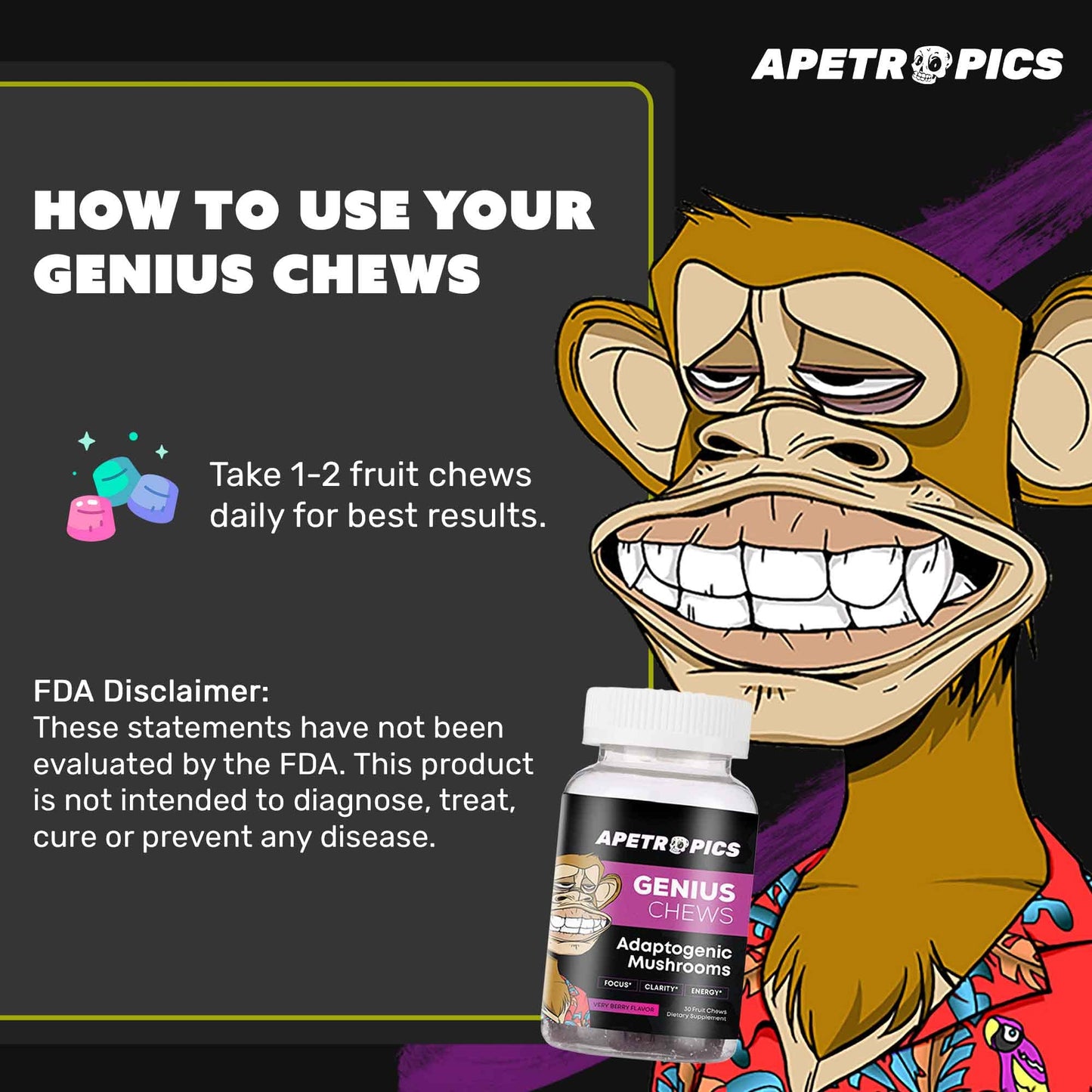 Apetropics Genius Chews Brain Gummies with Lion’s Mane, Cordyceps, Reishi & Turkey Tail Mushroom - Immune Support and Nootropic Brain Supplement - Very Berry Flavor, 30 Gummies