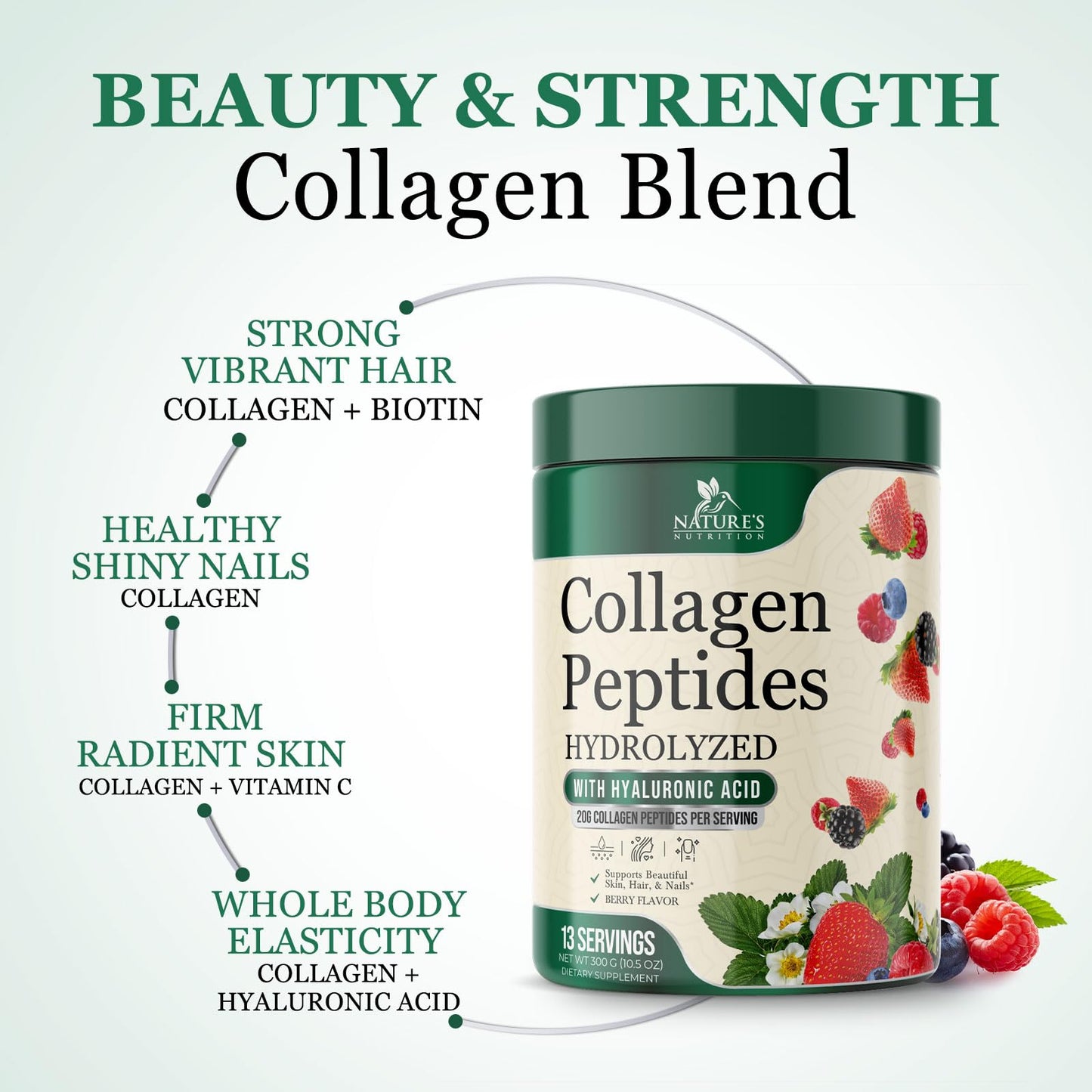 Nature's Nutrition Collagen Peptides Powder, Hydrolyzed Type I & III Berry Flavor with Biotin, Hyaluronic Acid, Vitamin C, Hair, Skin & Nails Support, 10.5 oz