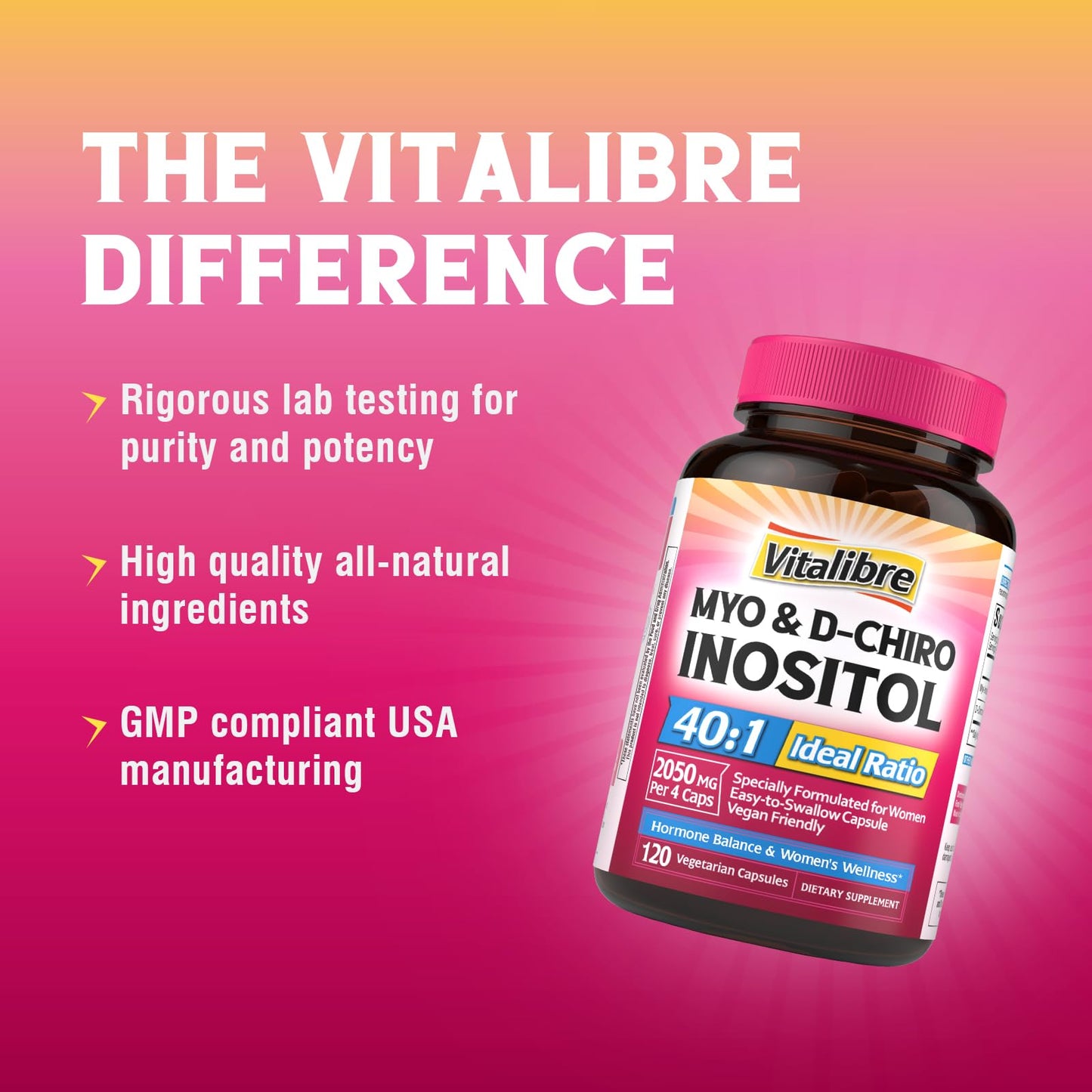 Vitalibre Inositol Supplement, Myo-Inositol & D-Chiro Inositol for Women, 40:1 Ideal Ratio, Hormone Balance and Women’s Wellness Capsule 120 Count