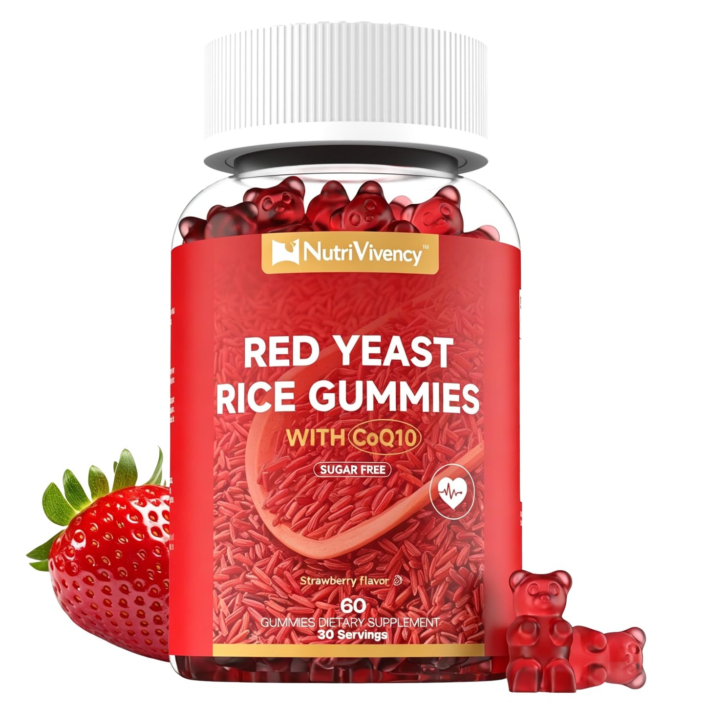 NutriVivency Red Yeast Rice 2400mg with CoQ10 200mg Gummies, Sugar Free, Vegan, Non-GMO, Strawberry Flavor, 60 Gummies