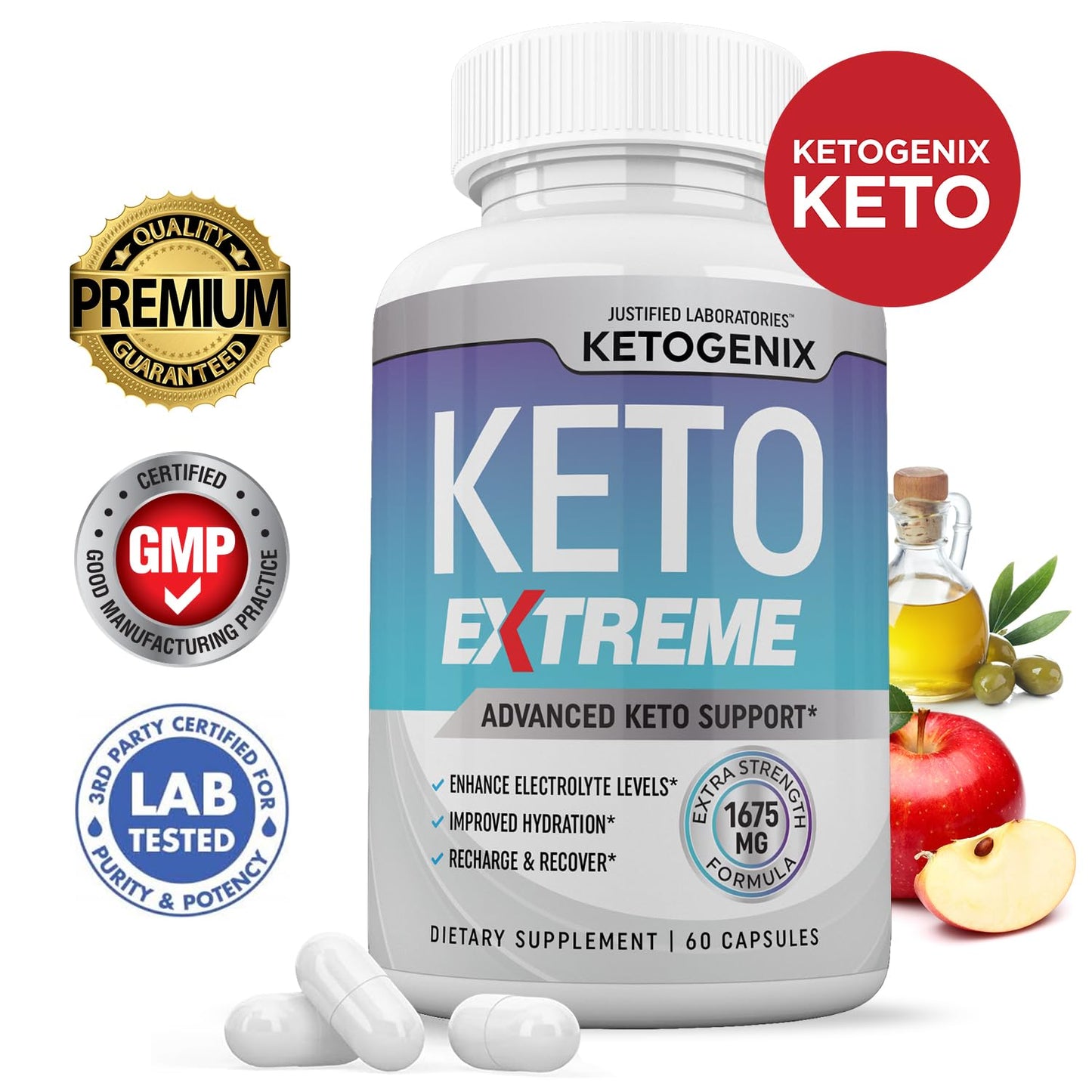 Justified Laboratories Ketogenix Extreme Keto Pills 1675MG New & Improved Formula Contains Apple Cider Vinegar Extra Virgin Olive Oil Powder Green Tea Leaf 60 Capsules