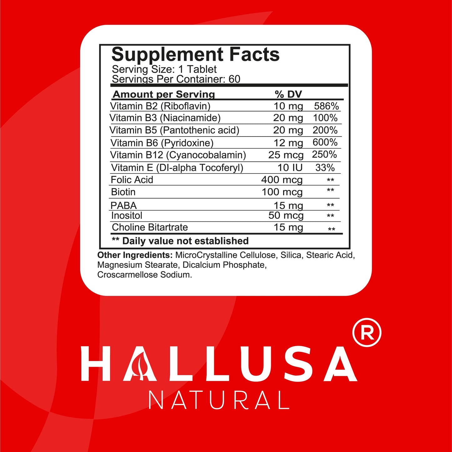 Hallusa Natural Balance B Complex with Inositol, Folic Acid & Biotin, 60 Tablets