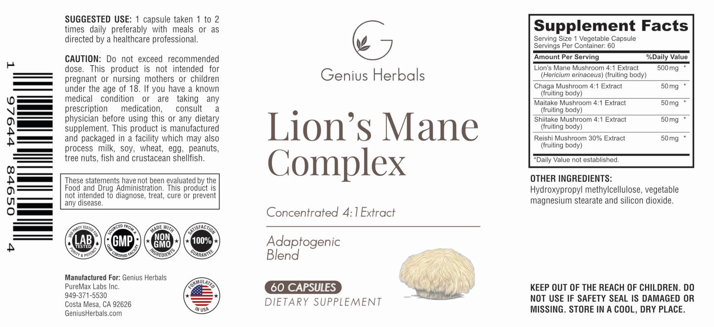 GENIUS HERBALS Lions Mane Complex - 700mg Concentrated Extract, 60 Capsules