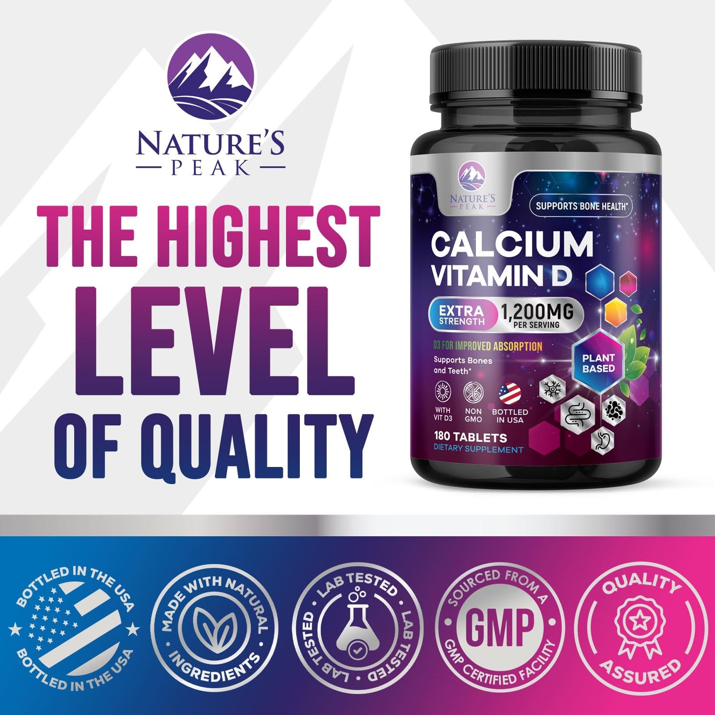 Nature's Peak Calcium 1200 mg with Vitamin D3 Tablets, 180 Count