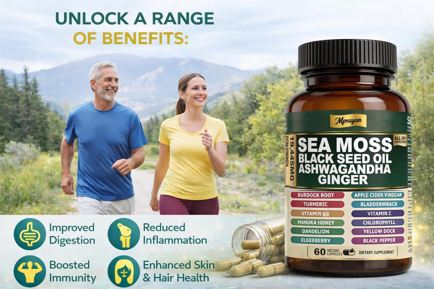 MPRAYAN Sea Moss Black Seed Oil Ashwagandha 10:1 Extract Blend Capsules, 60 Count